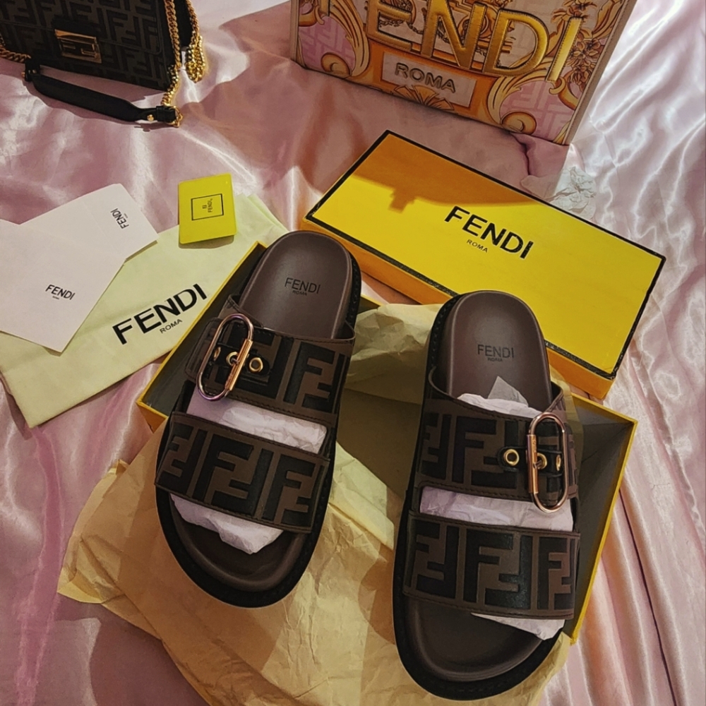 Fendi Black and Brown Logo Slides